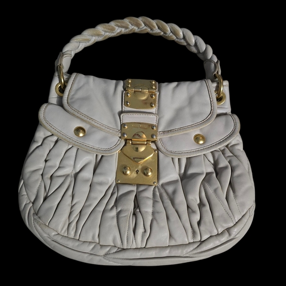 Miu Miu Coffer Matelassé Cream Leather Handbag w/ Braided Handle